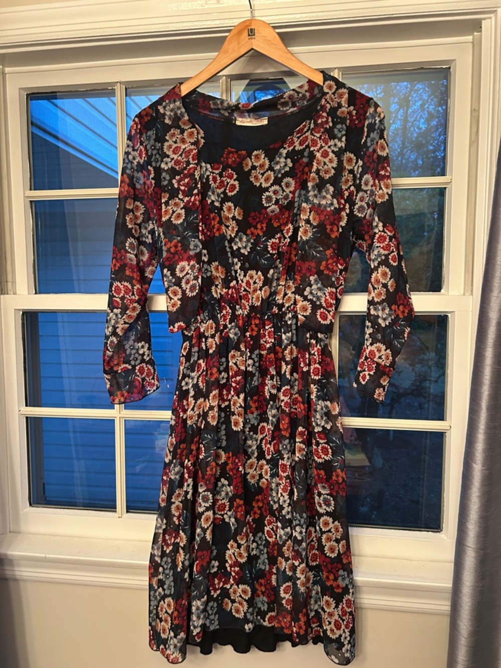 Navy Floral Long-Sleeve Midi Dress with Red & Cream Blooms